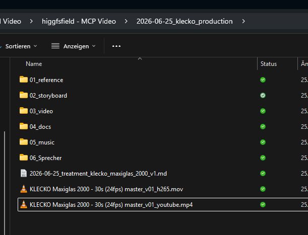 Windows-Explorer mit der nummerierten Ordnerstruktur der KLECKO-Produktion und den Master-Videodateien