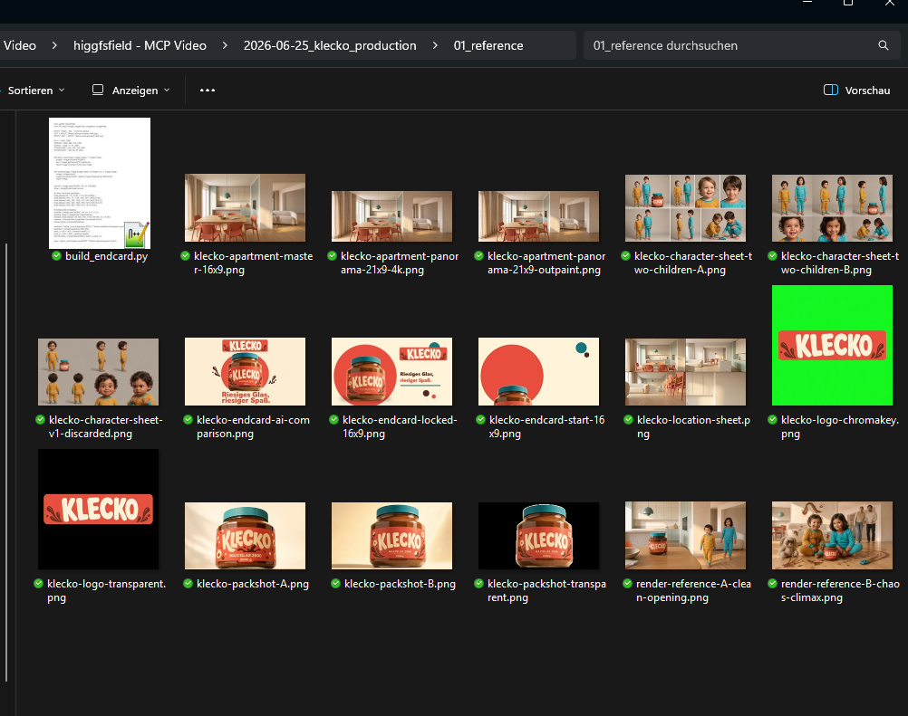 Explorer grid view of the KLECKO reference folder with character, product and scene thumbnails