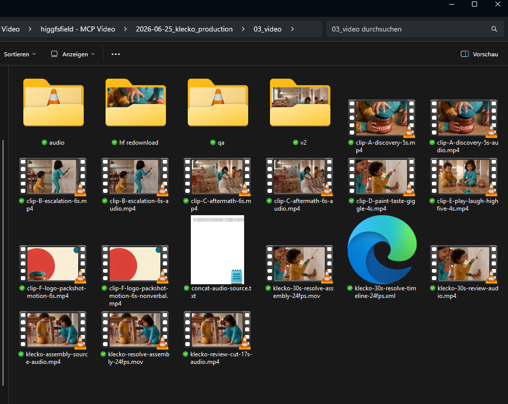 Explorer grid view of the KLECKO video folder with the rendered clips