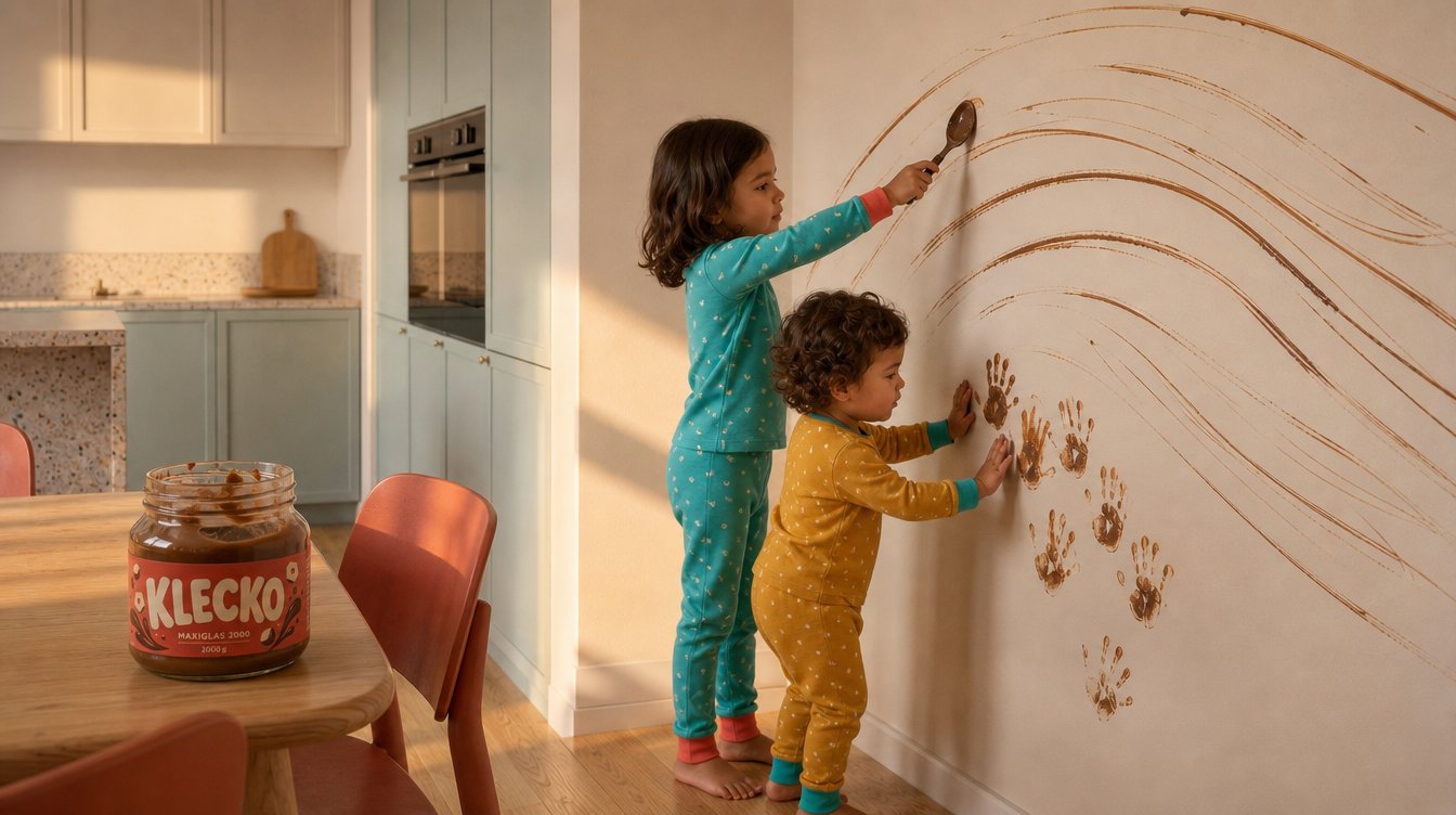 AI-generated storyboard frame: two children painting chocolate spread on a wall the model placed wrong