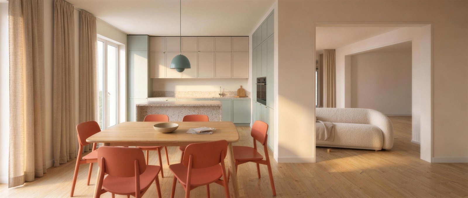 AI-generated 21:9 panorama of the apartment (kitchen, dining area, sofa) as a floor-plan reference