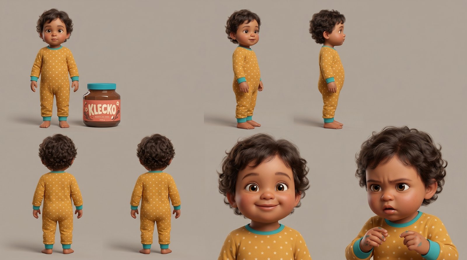 AI-generated character sheet of a single toddler, multiple views (discarded)