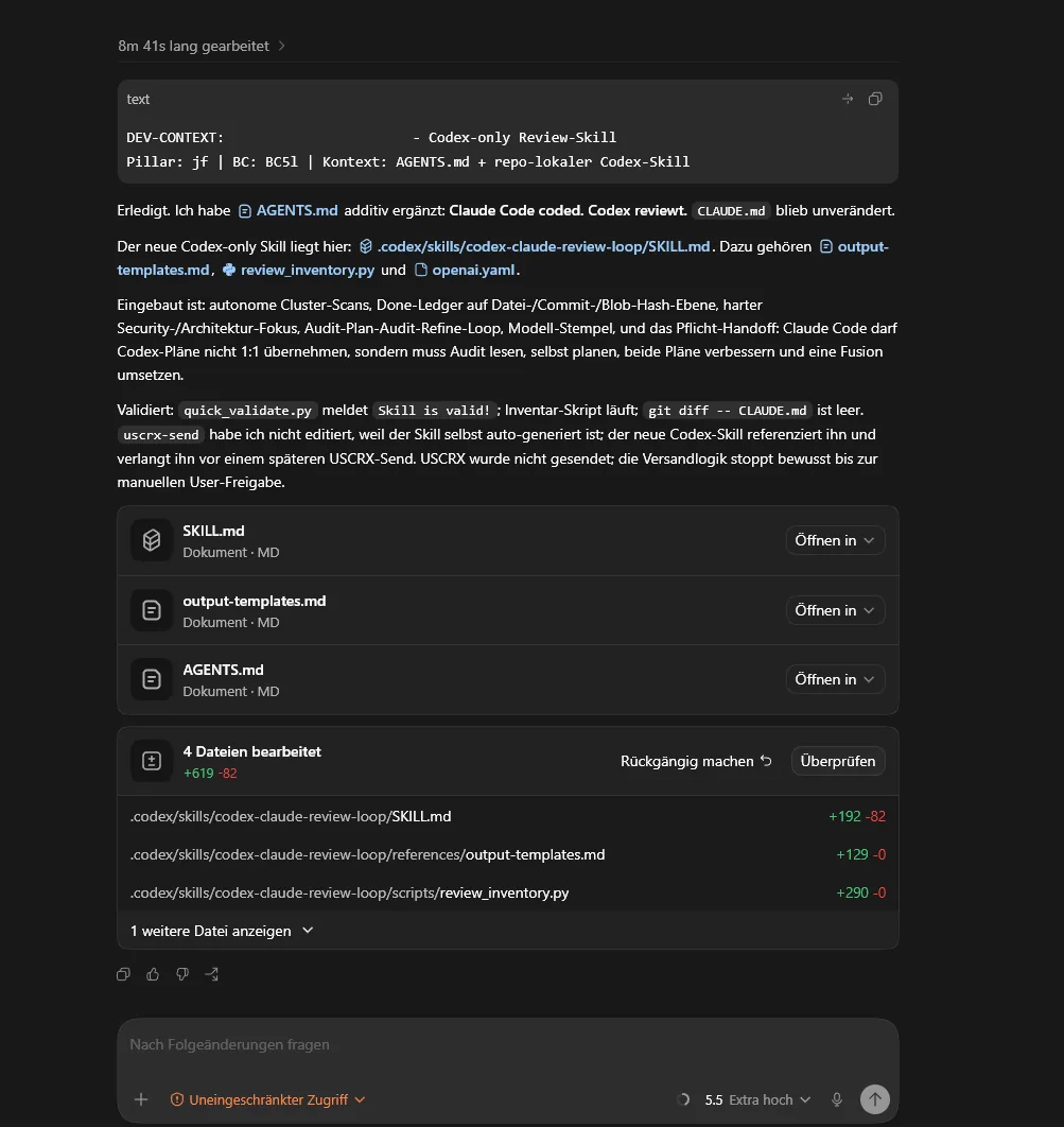 The review skill in action: autonomous cluster scans, a file-level done list, a mandatory handoff instead of blind adoption.